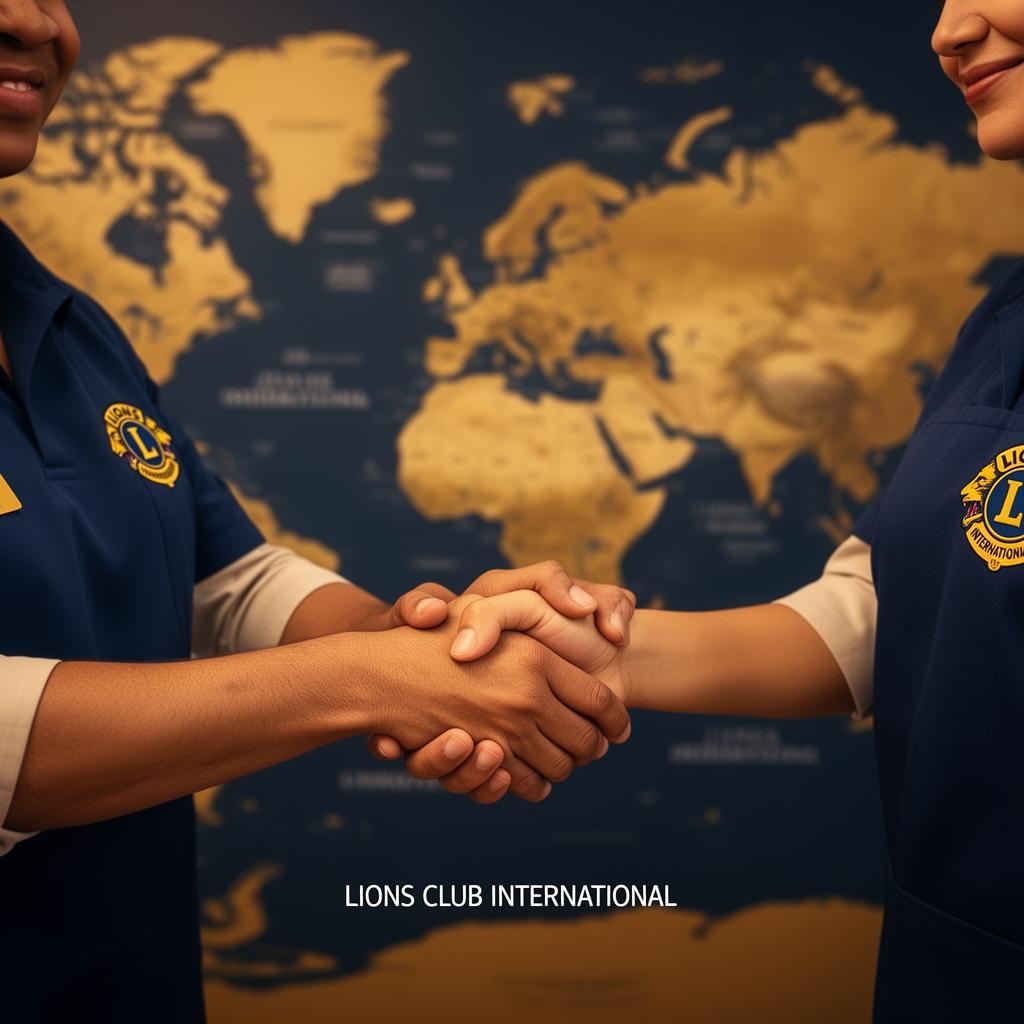 Lions International handshake over world map